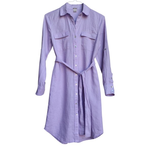 MAGASCHONI NWOT Lavender Linen Button Front Belted Roll Sleeve Shirt Dress S/P - Picture 3 of 13
